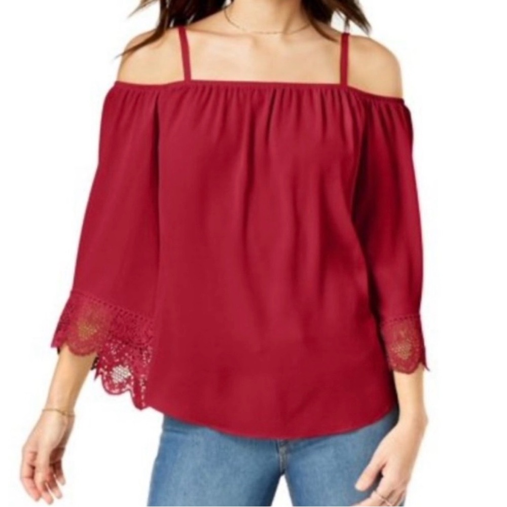 Red BCX Cold Shoulder Blouse with Adjustable Straps and Crocheted Detail